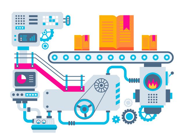 Vector industrial illustration background of the factory for manufacture books. Color bright flat design for banner, web, site, advertising, print, poster.