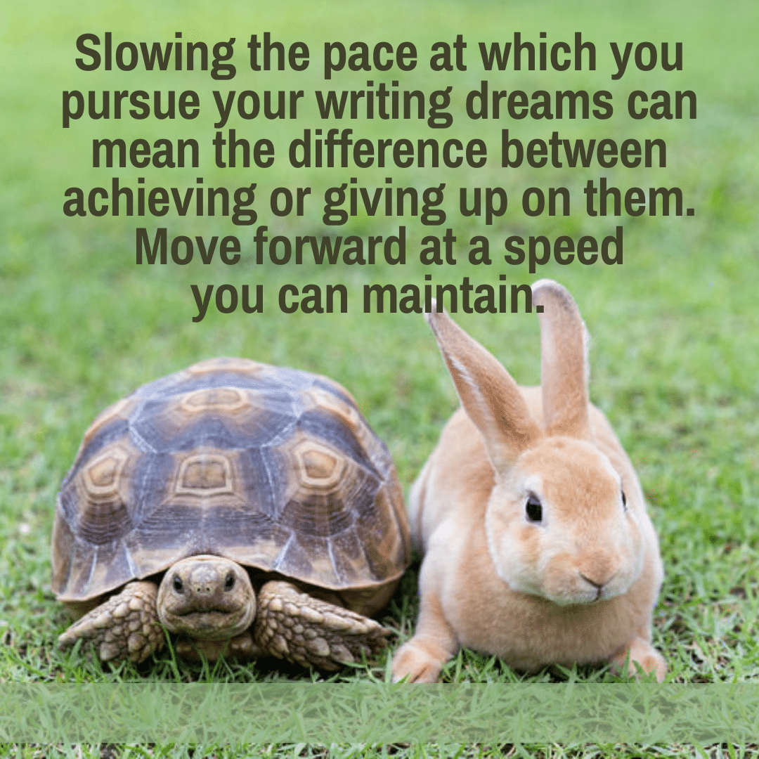 Slow down thhe pace as you work to  achieve your writing dreams